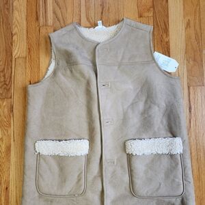 Time and Tru Tan Faux Suede Sherpa-Lined Vest with Cream Trim